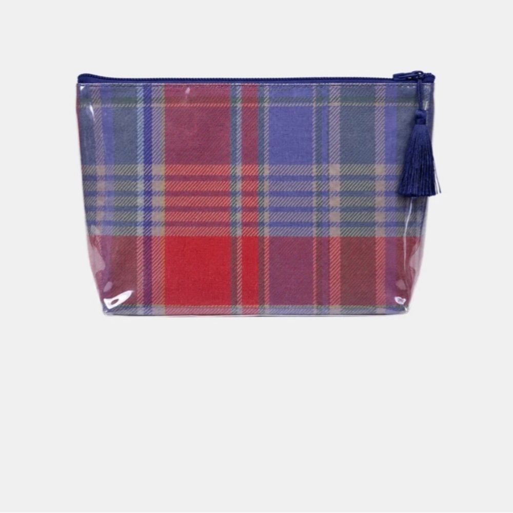 Plaid Clear Cosmetic Pouch with Tassel - Red & Blue